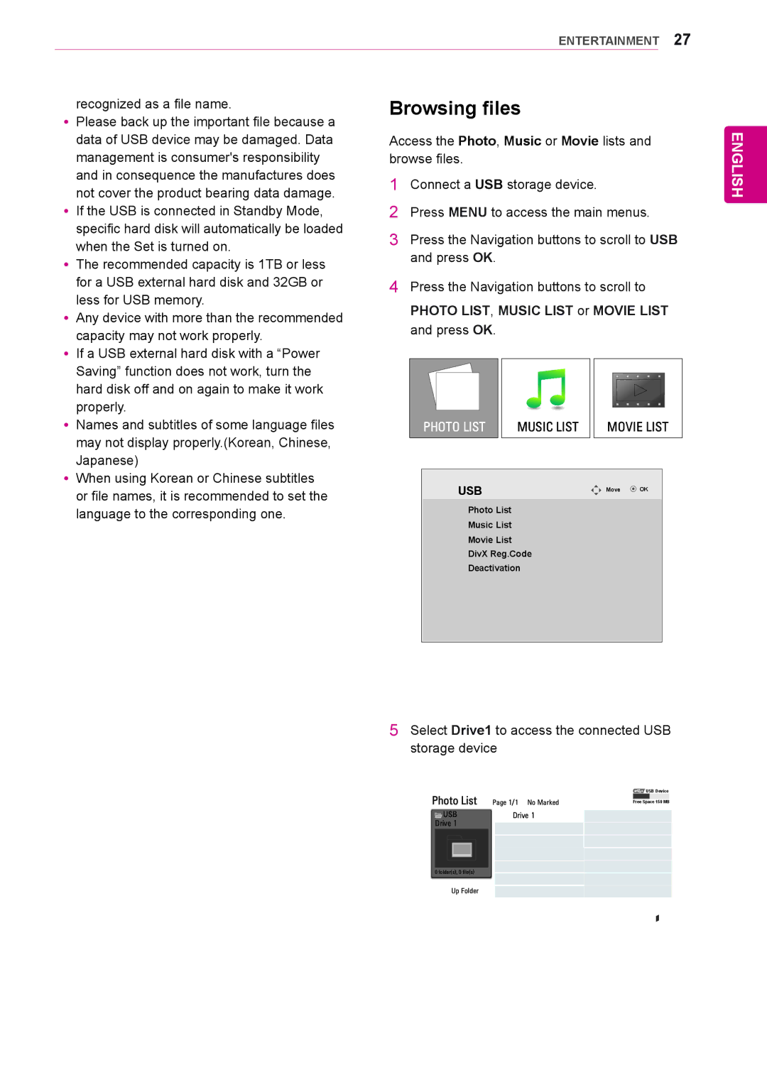 LG Electronics 65VS10 owner manual Browsing files, Photo LIST, Music List or Movie List 