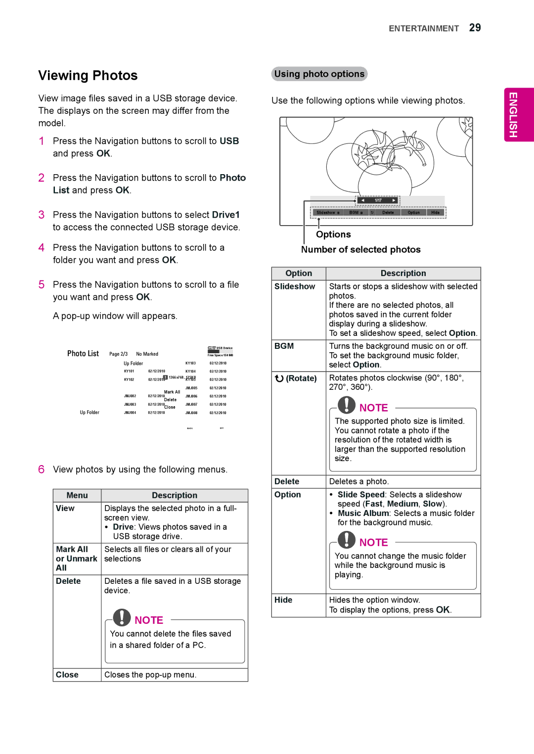 LG Electronics 65VS10 Viewing Photos, View photos by using the following menus, Options Number of selected photos 