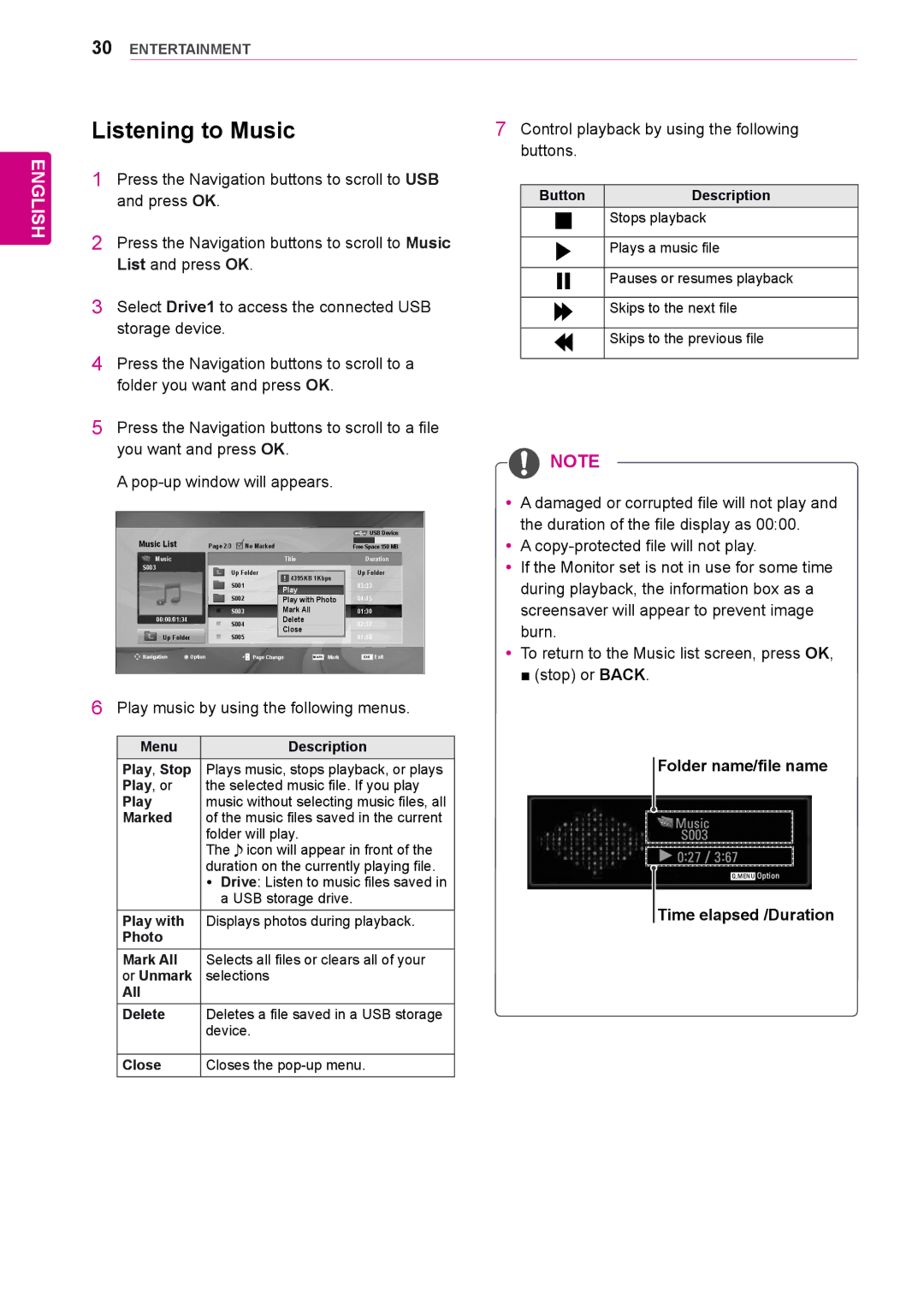 LG Electronics 65VS10 owner manual Listening to Music, Play music by using the following menus, Folder name/file name 