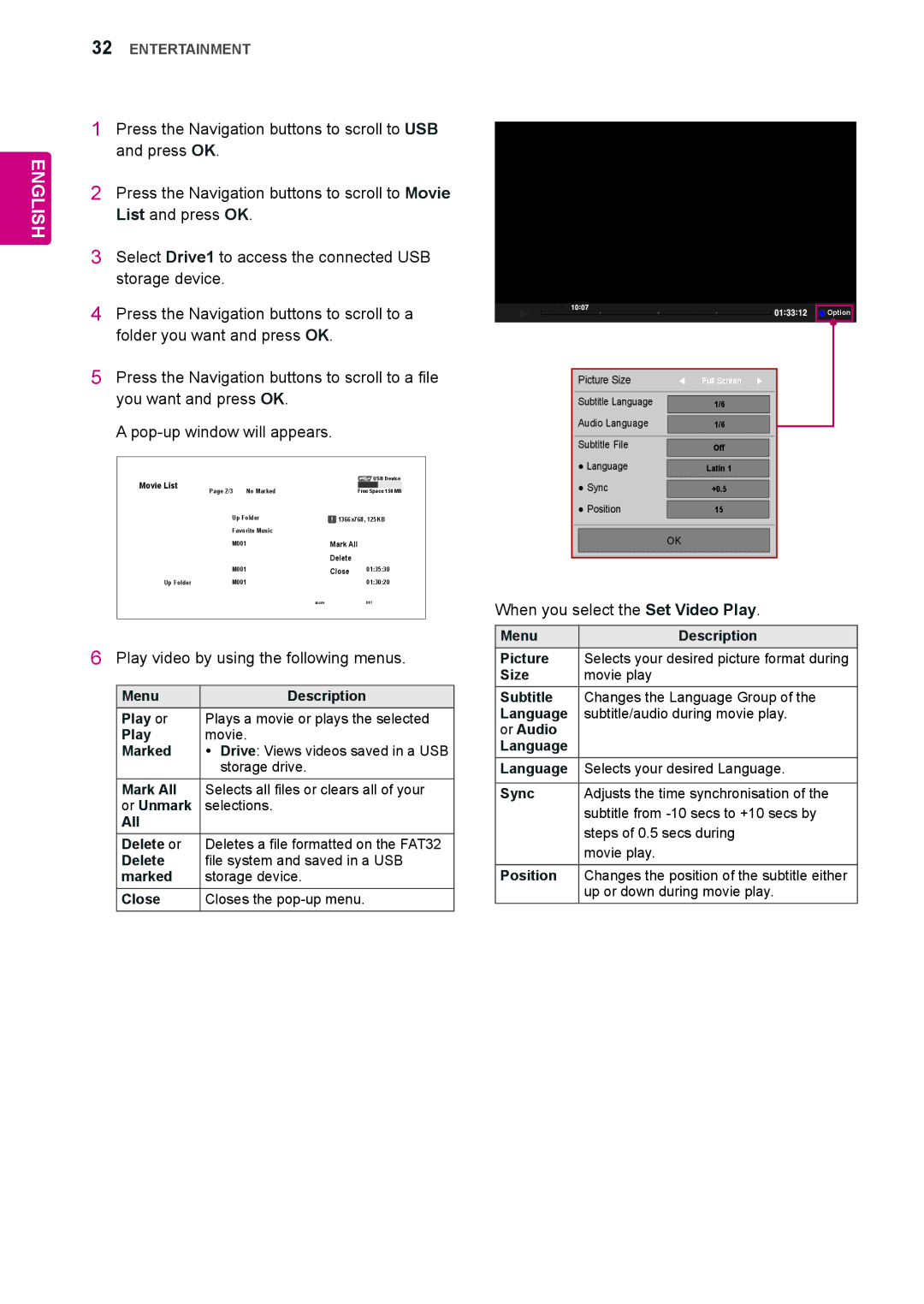 LG Electronics 65VS10 owner manual Storage drive, Menu Description Picture, Subtitle, Or Audio Language, Sync 