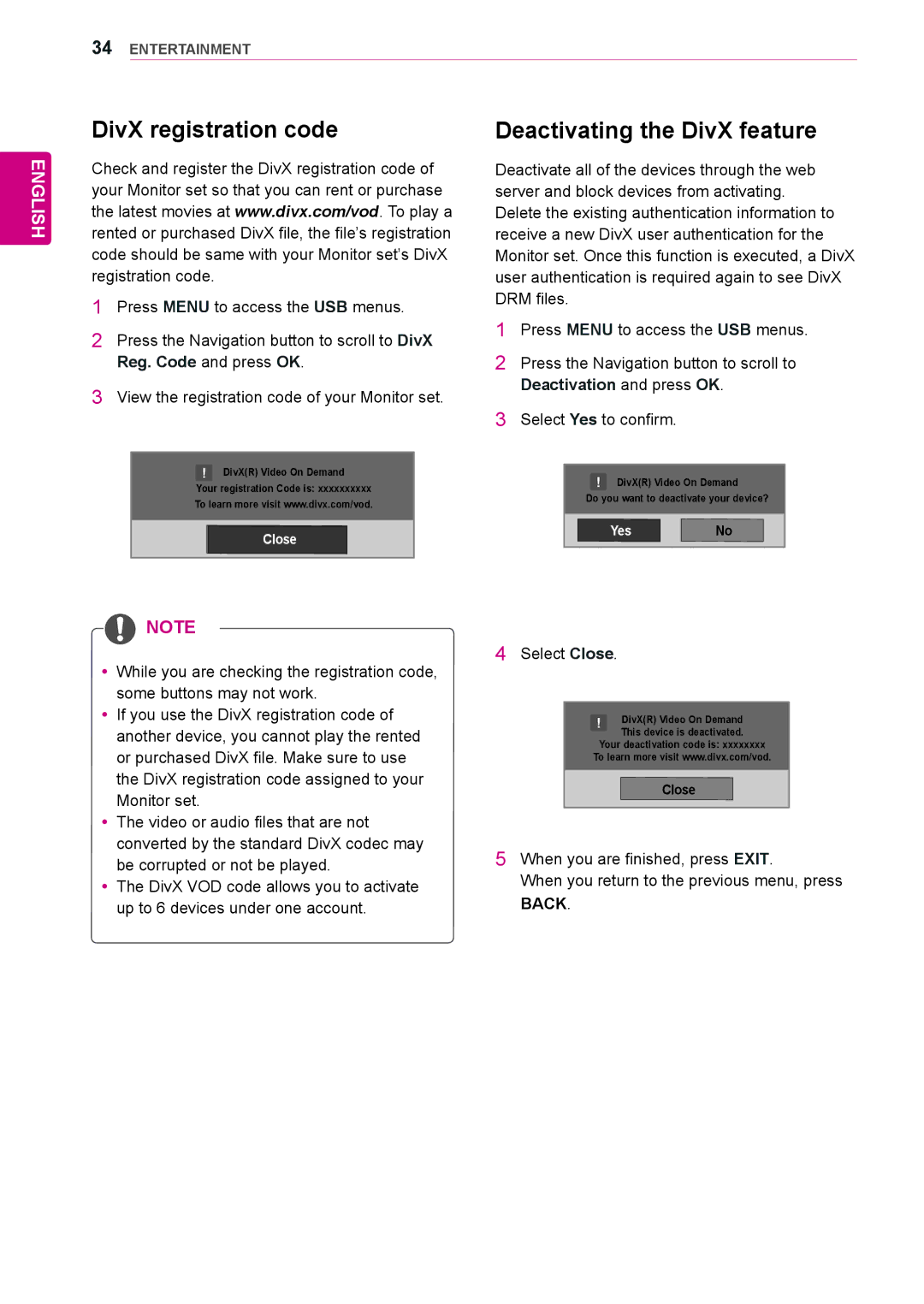 LG Electronics 65VS10 owner manual DivX registration code, Deactivating the DivX feature, Select Close 