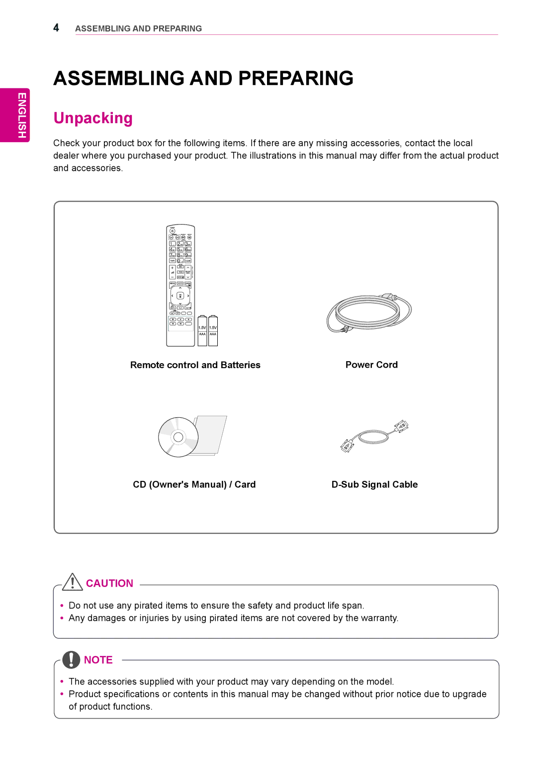 LG Electronics 65VS10 Assembling and Preparing, Unpacking, Remote control and Batteries Power Cord Sub Signal Cable 