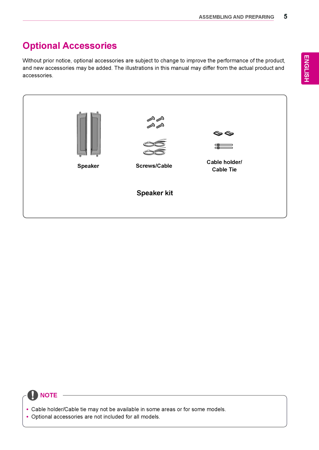 LG Electronics 65VS10 owner manual Optional Accessories, Speaker Screws/Cable Cable holder Cable Tie 