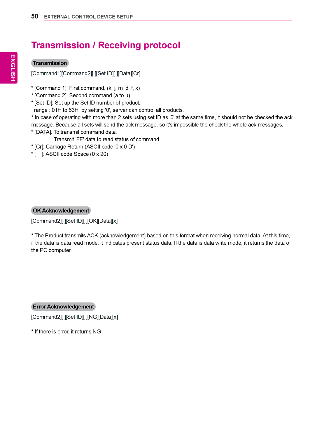 LG Electronics 65VS10 owner manual Transmission / Receiving protocol, OK Acknowledgement, Error Acknowledgement 