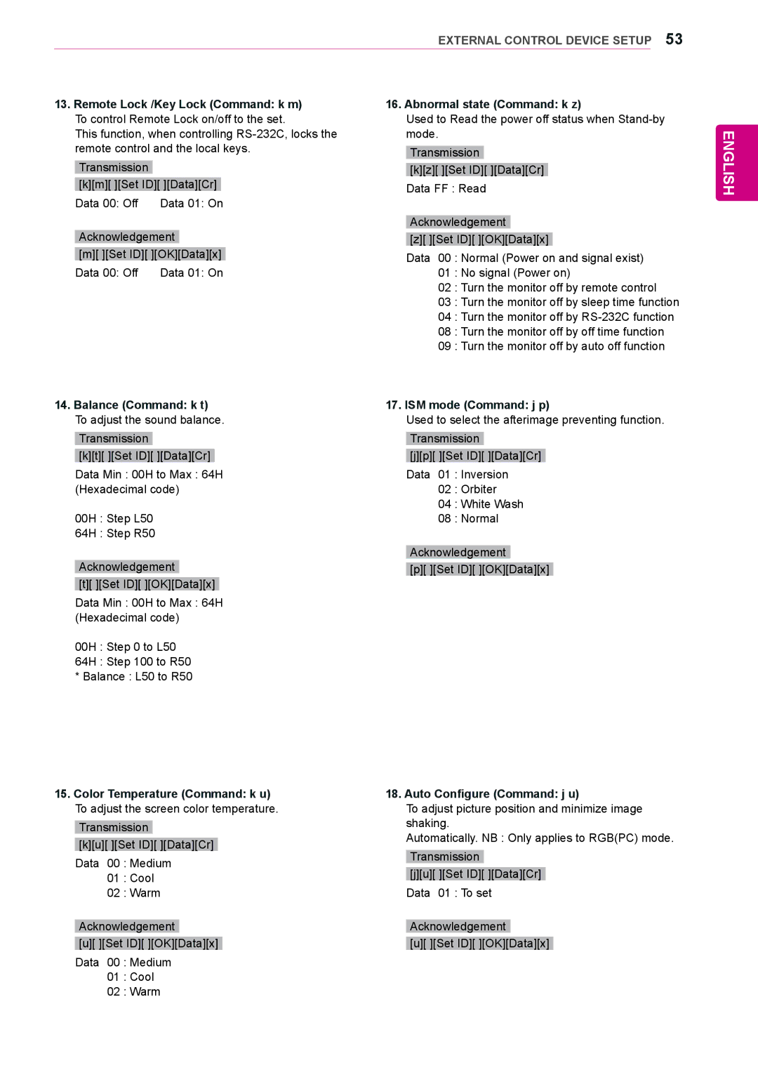 LG Electronics 65VS10 owner manual Balance Command k t ISM mode Command j p, Auto Configure Command j u 