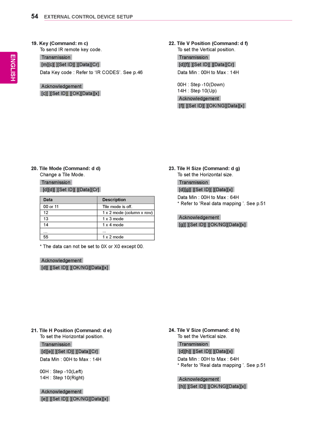 LG Electronics 65VS10 owner manual Key Command m c, Tile Mode Command d d Change a Tile Mode 