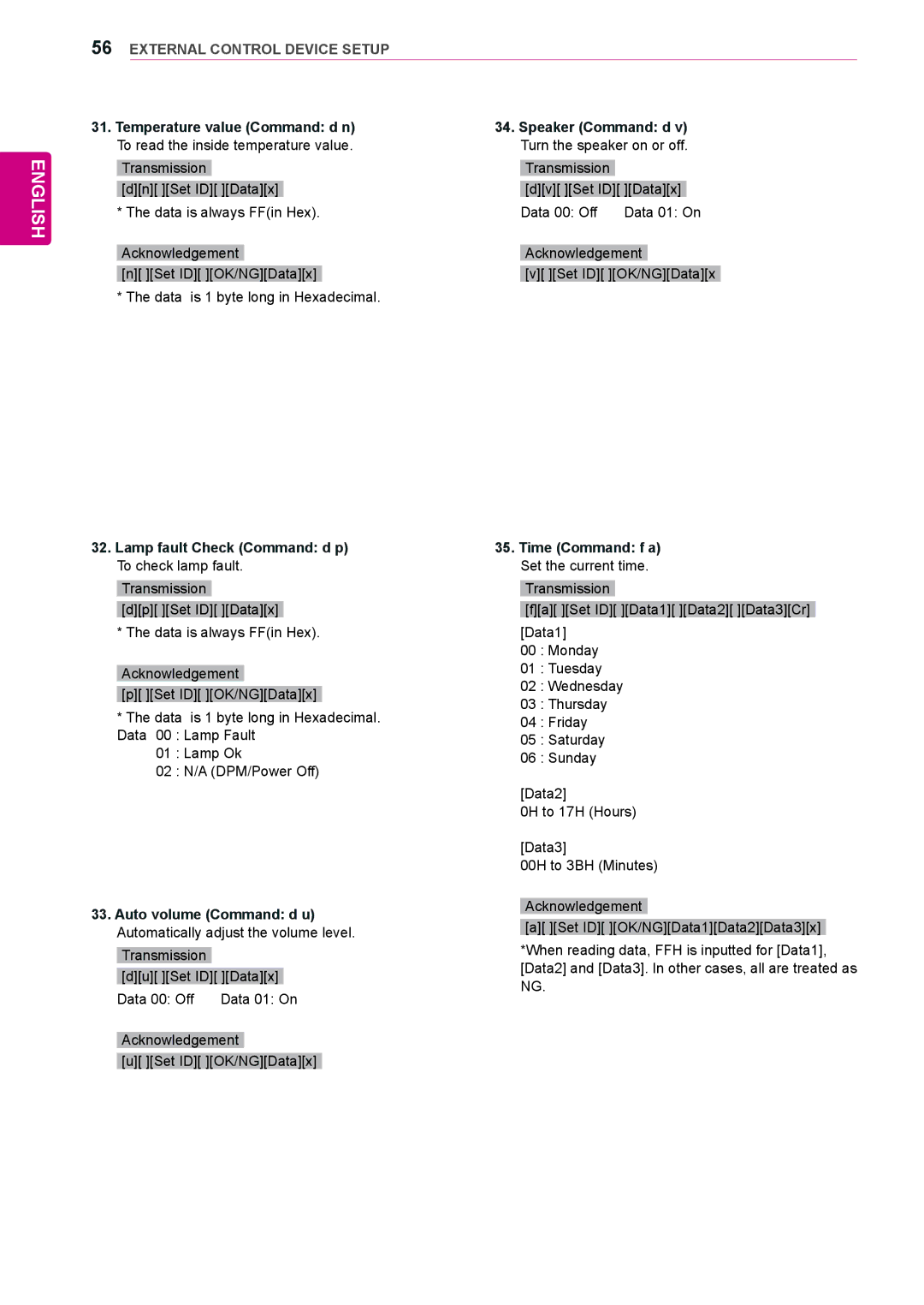 LG Electronics 65VS10 owner manual Lamp fault Check Command d p To check lamp fault, Time Command f a Set the current time 