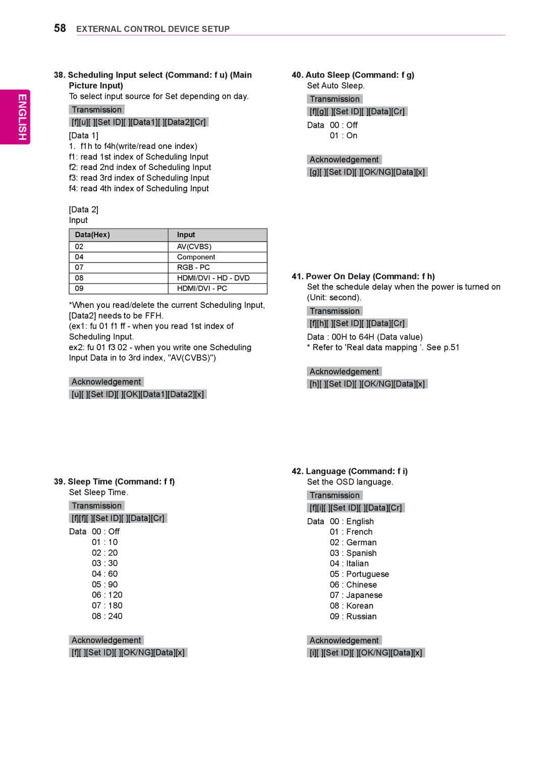 LG Electronics 65VS10 Scheduling Input select Command f u Main Picture Input, Sleep Time Command f f Set Sleep Time 