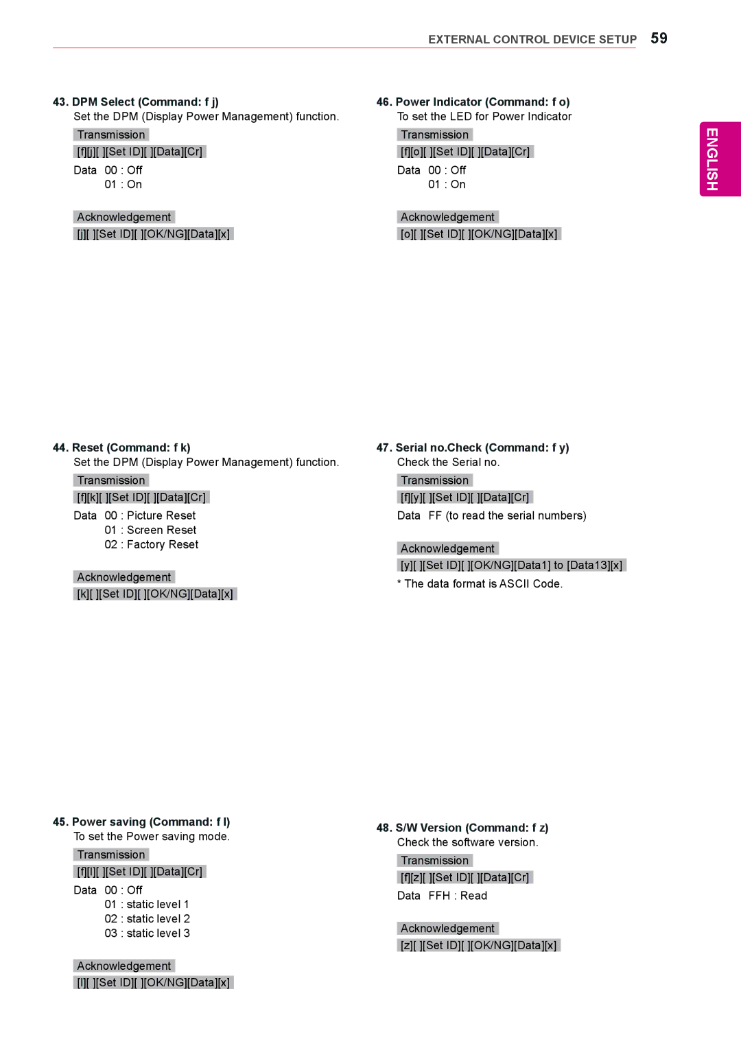 LG Electronics 65VS10 owner manual DPM Select Command f j, Reset Command f k Serial no.Check Command f y 