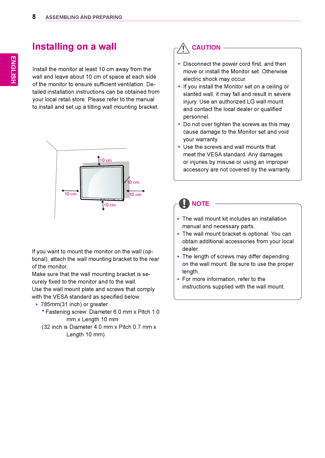 LG Electronics 65VS10 owner manual Installing on a wall 