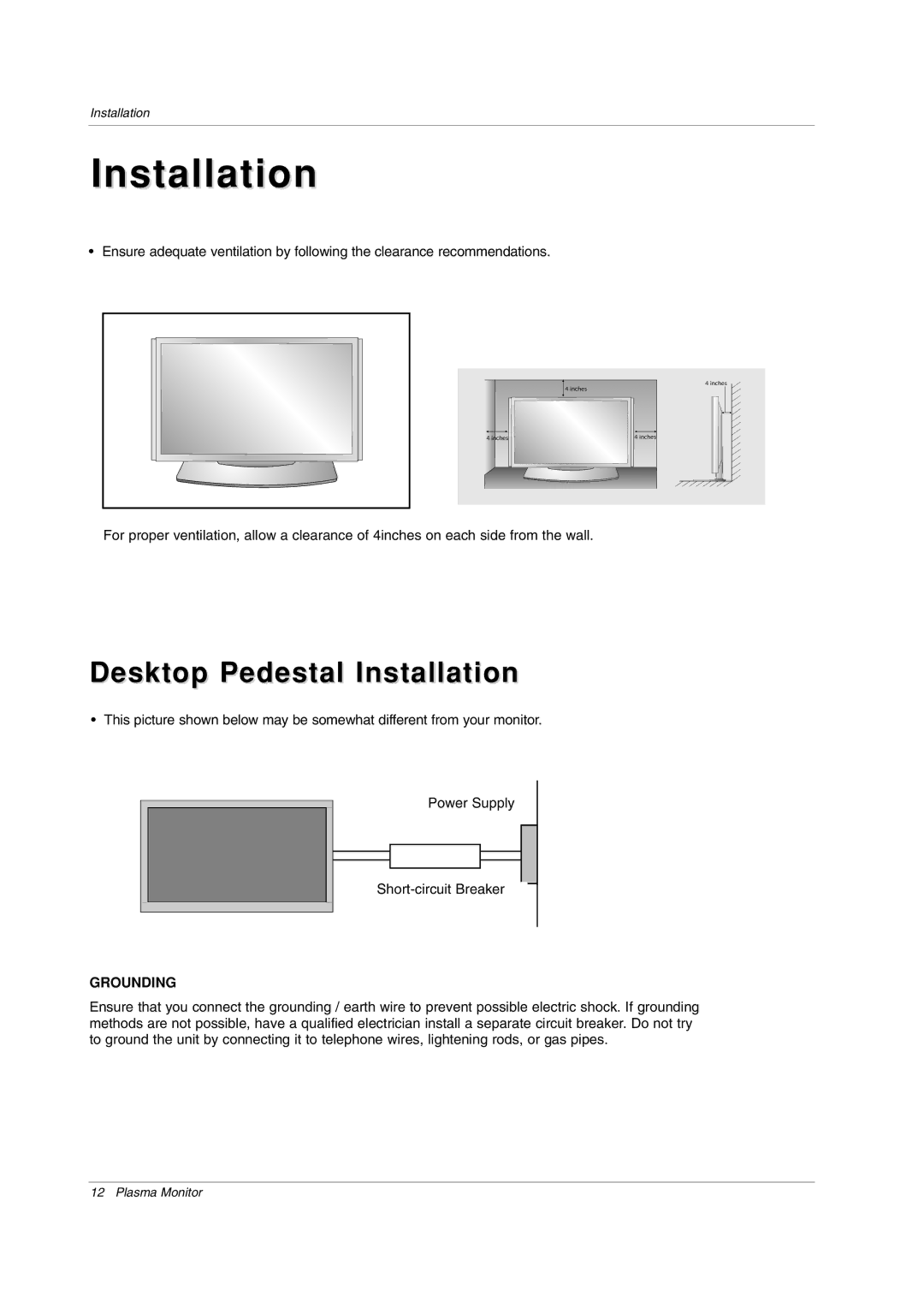 LG Electronics 71PY1M owner manual Desktop Pedestal Installation, Grounding 