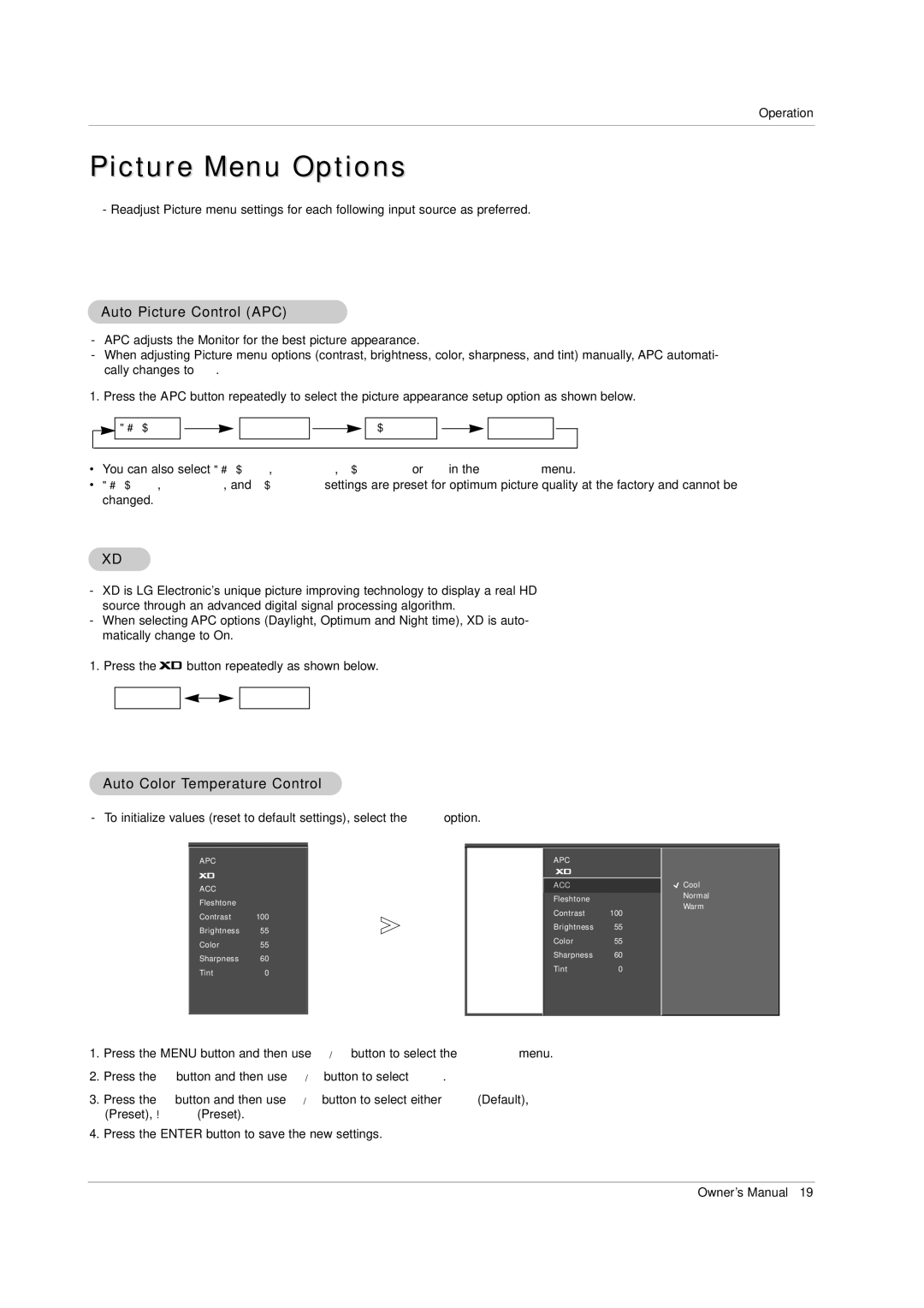 LG Electronics 71PY1M owner manual Picture Menu Options, Auto Picture Control APC, Auto Color Temperature Control 