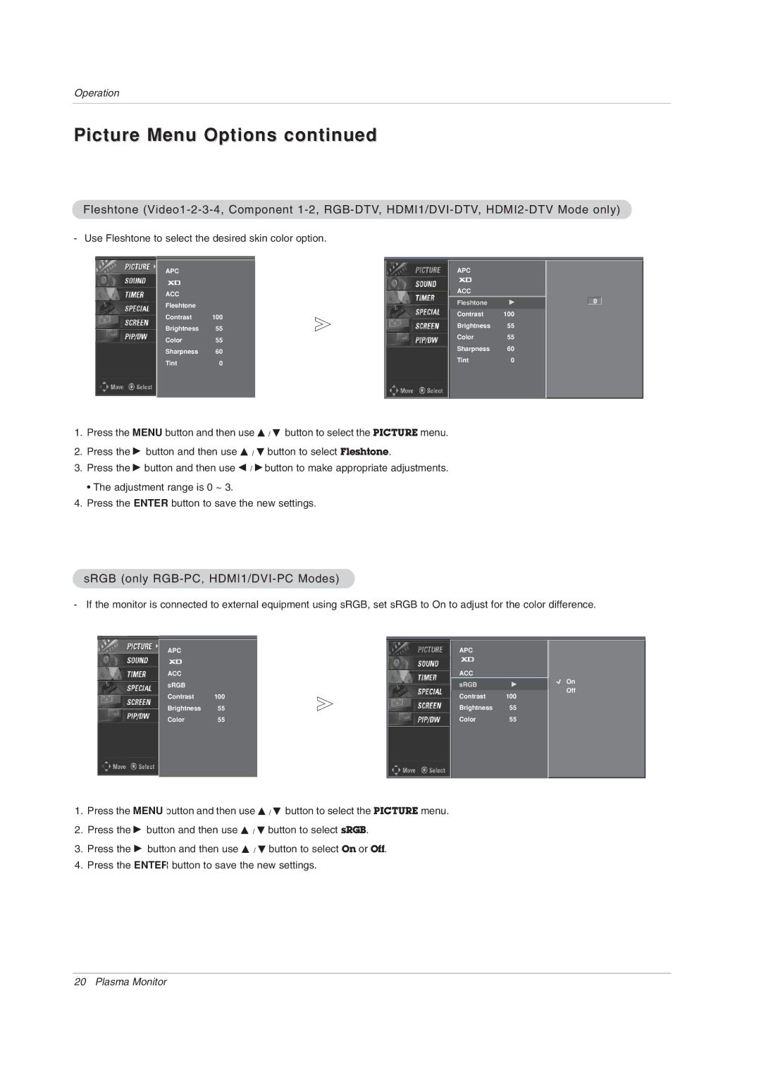 LG Electronics 71PY1M owner manual Picture Menu Options, SRGB only RGB-PC, HDMI1/DVI-PC Modes 