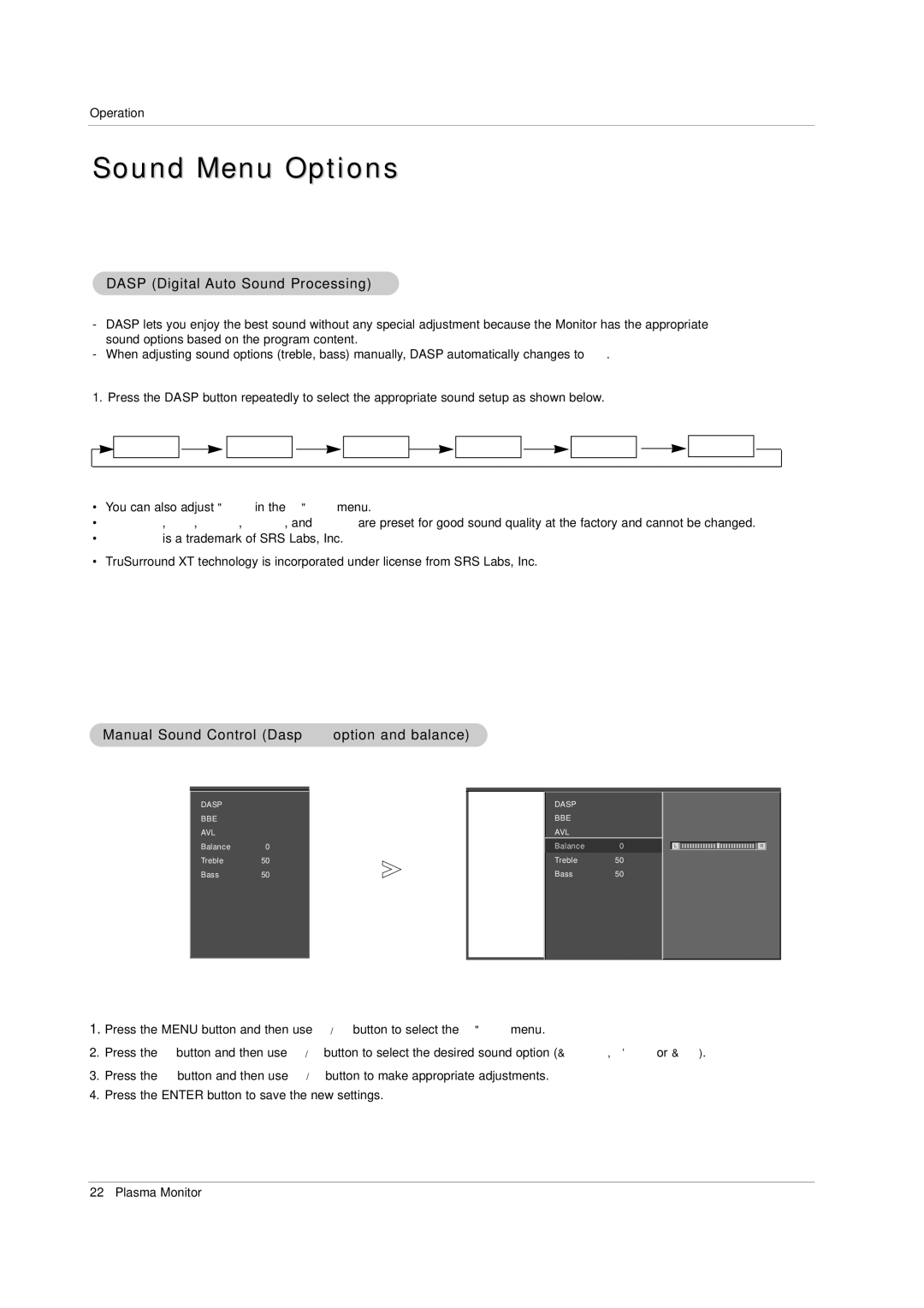 LG Electronics 71PY1M owner manual Sound Menu Options, Dasp Digital Auto Sound Processing 