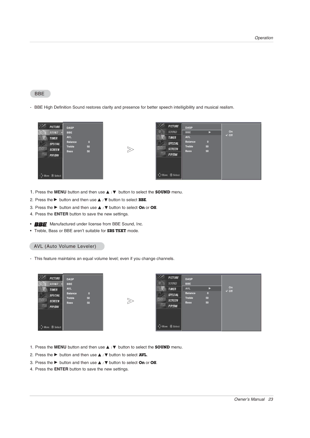 LG Electronics 71PY1M owner manual Bbe, AVL Auto Volume Leveler 