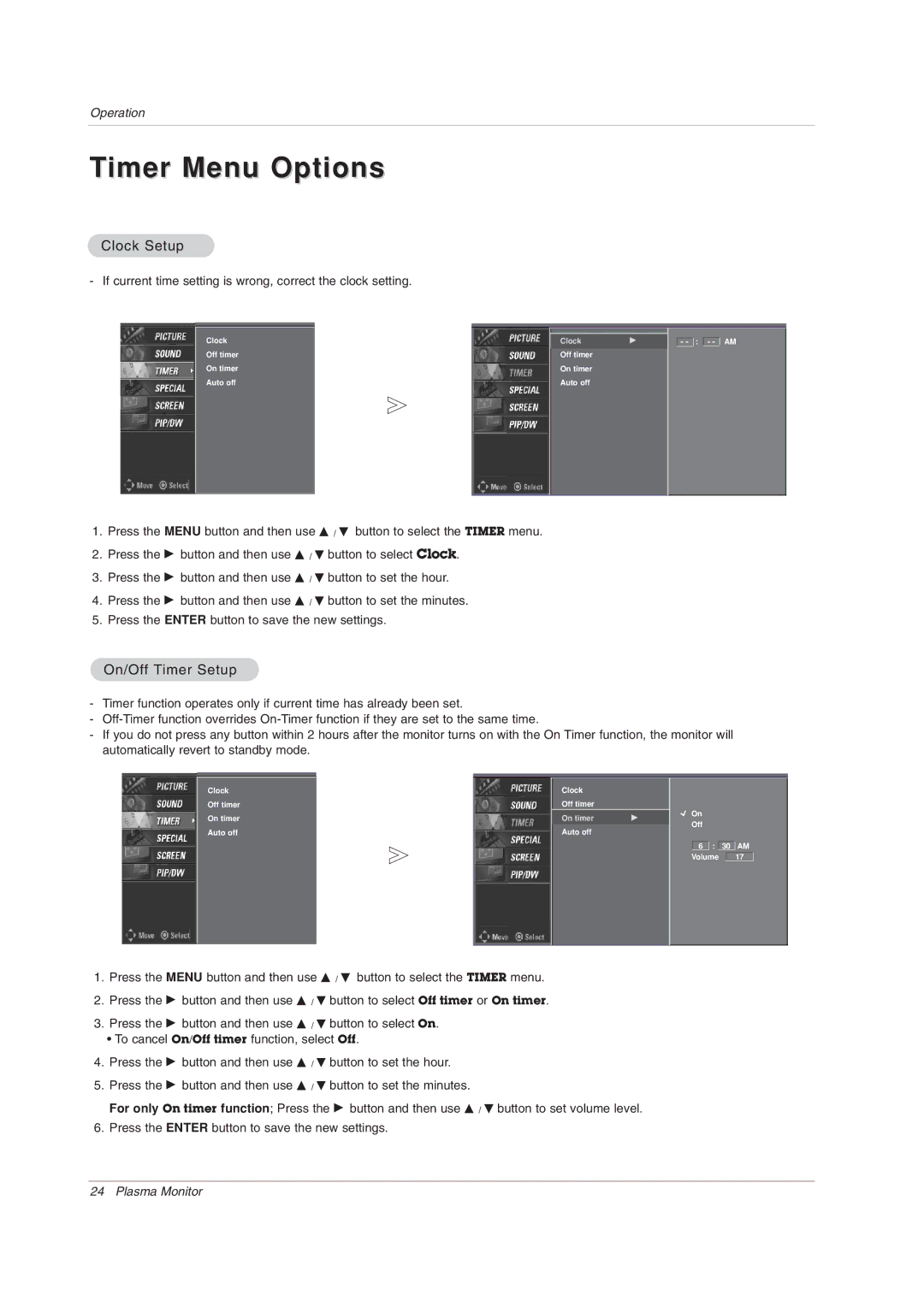 LG Electronics 71PY1M owner manual Timer Menu Options, Clock Setup, On/Off Timer Setup 