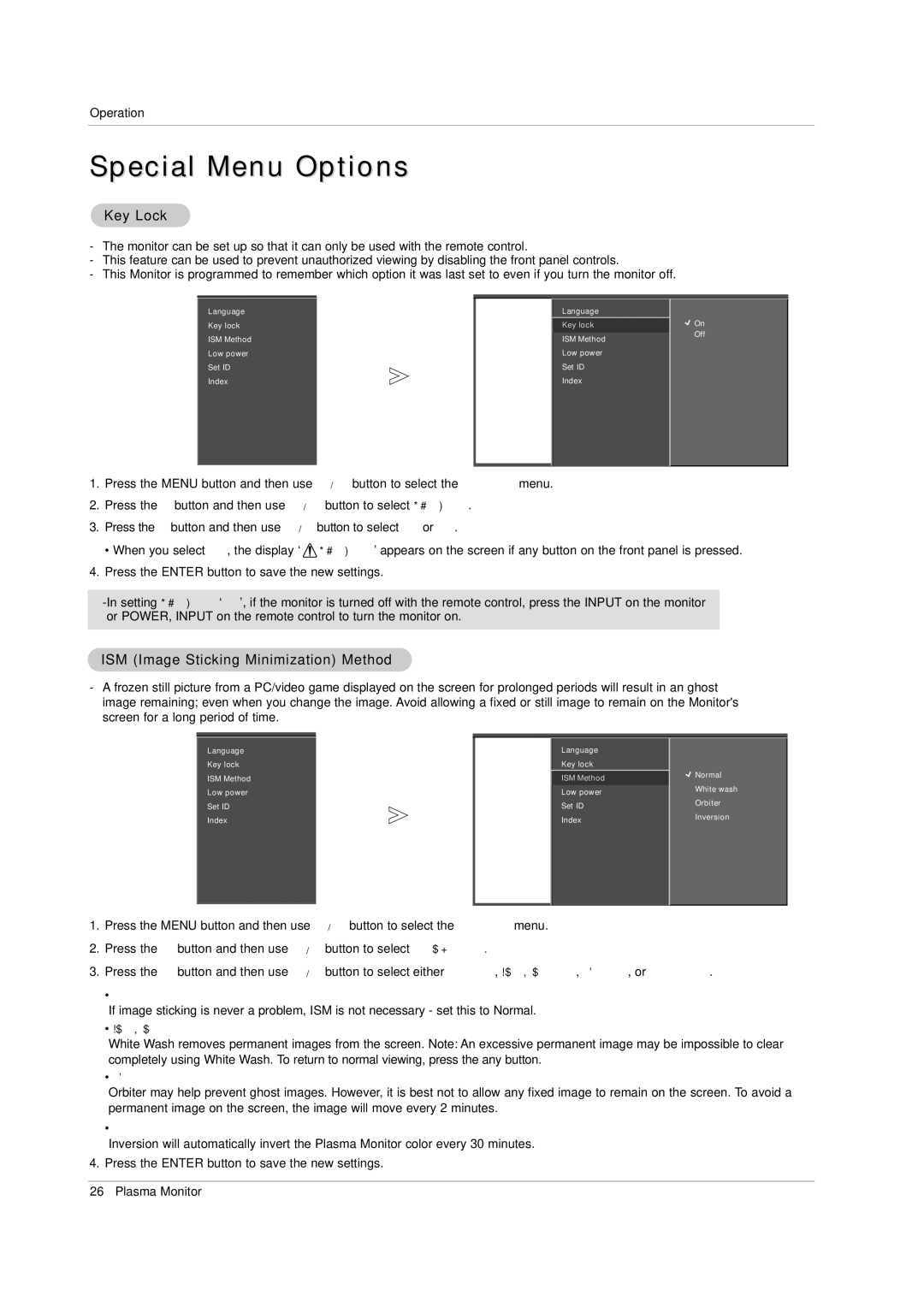 LG Electronics 71PY1M owner manual Special Menu Options, Key Lock, ISM Image Sticking Minimization Method 