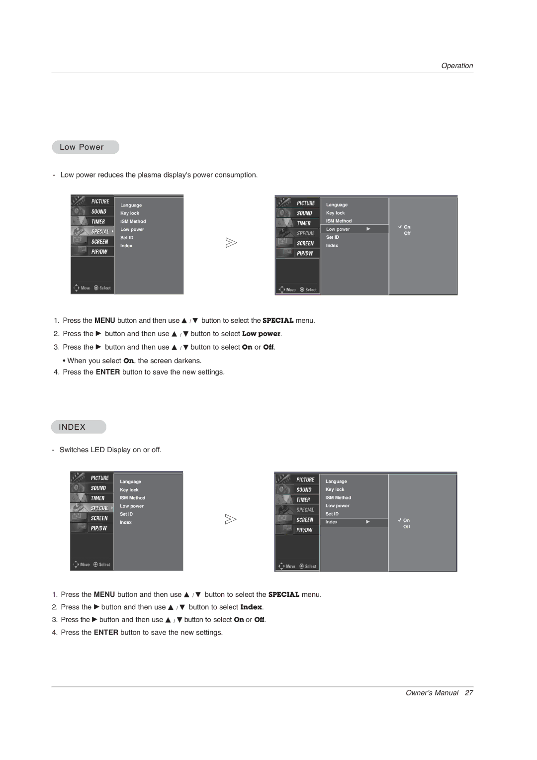 LG Electronics 71PY1M owner manual Low Power, Index 