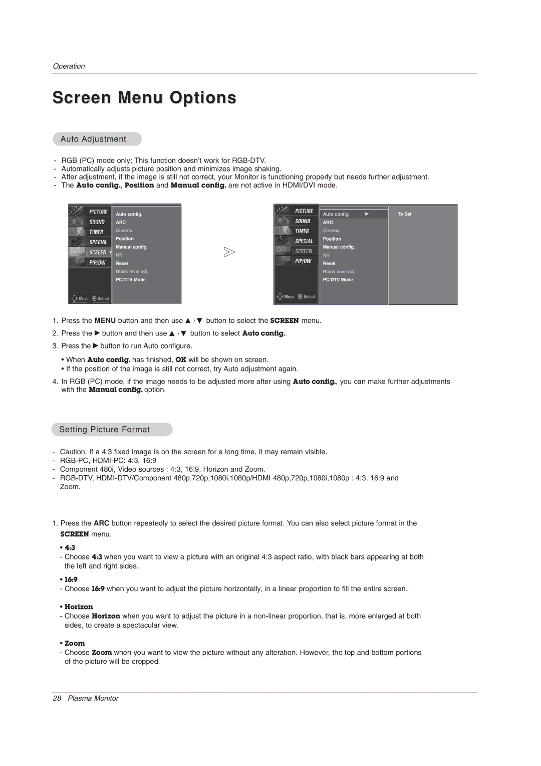 LG Electronics 71PY1M owner manual Screen Menu Options, Auto Adjustment, Setting Picture Format 