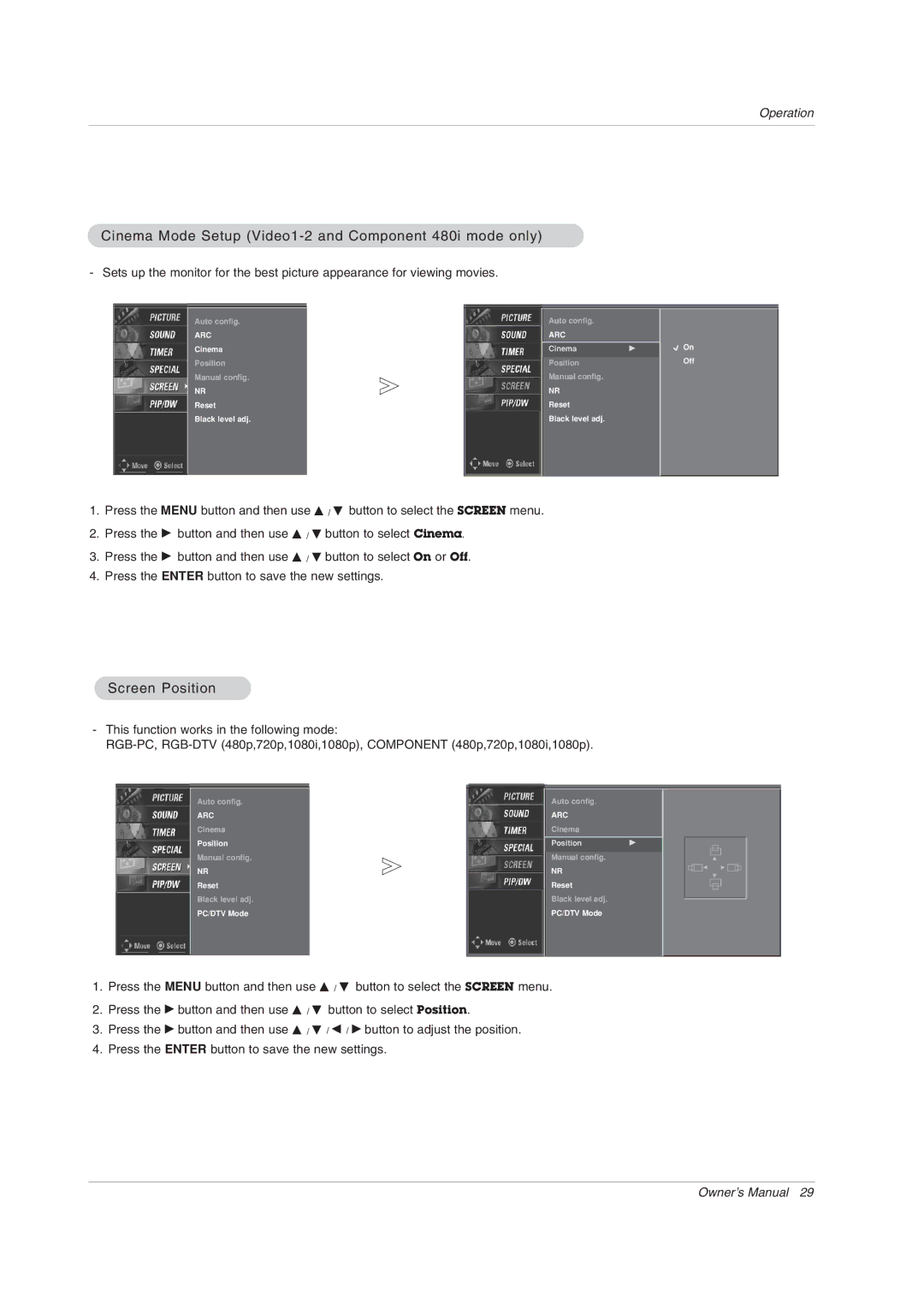 LG Electronics 71PY1M owner manual Cinema Mode Setup Video1-2 and Component 480i mode only, Screen Position 