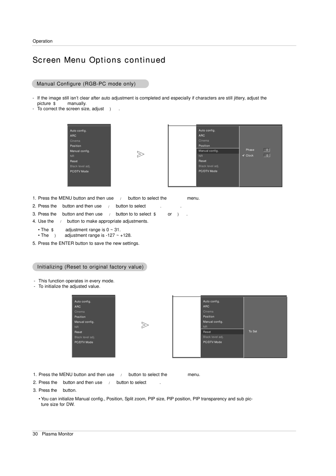 LG Electronics 71PY1M owner manual Manual Configure RGB-PC mode only, Initializing Reset to original factory value 