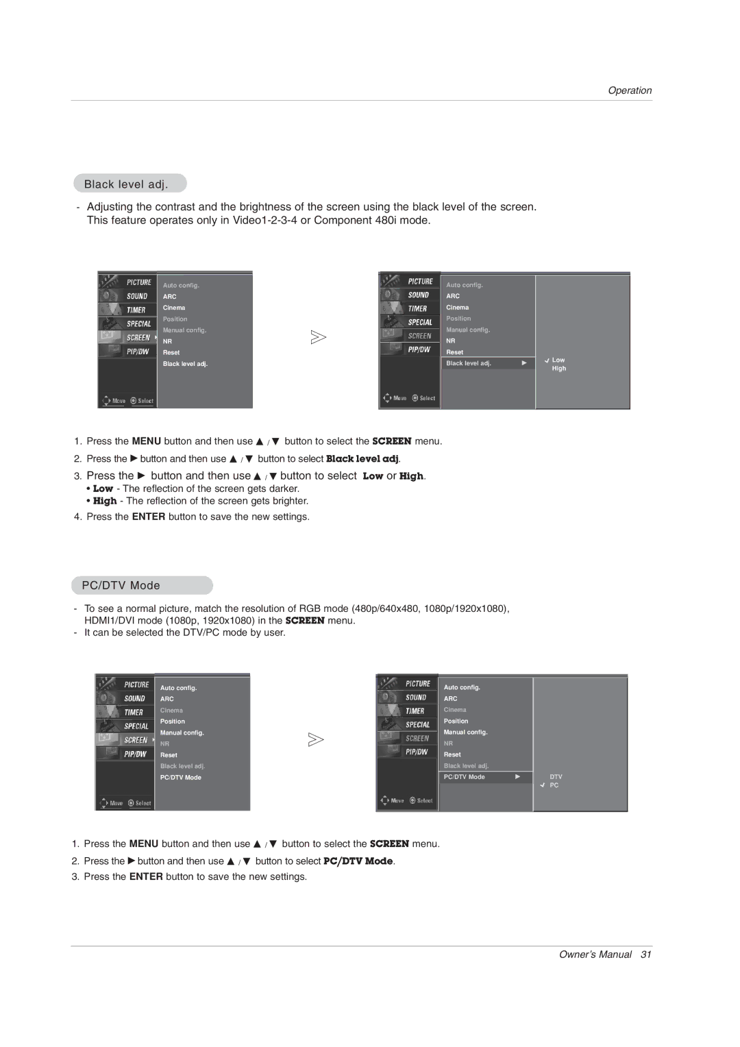 LG Electronics 71PY1M owner manual PC/DTV Mode 