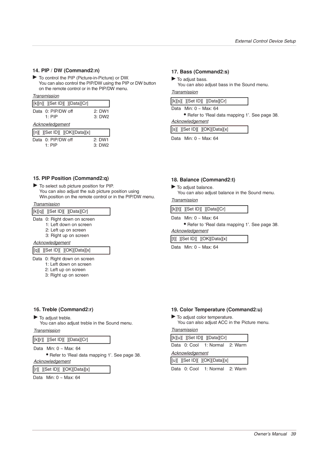 LG Electronics 71PY1M PIP / DW Command2n, Bass Command2s, PIP Position Command2q, Balance Command2t, Treble Command2r 