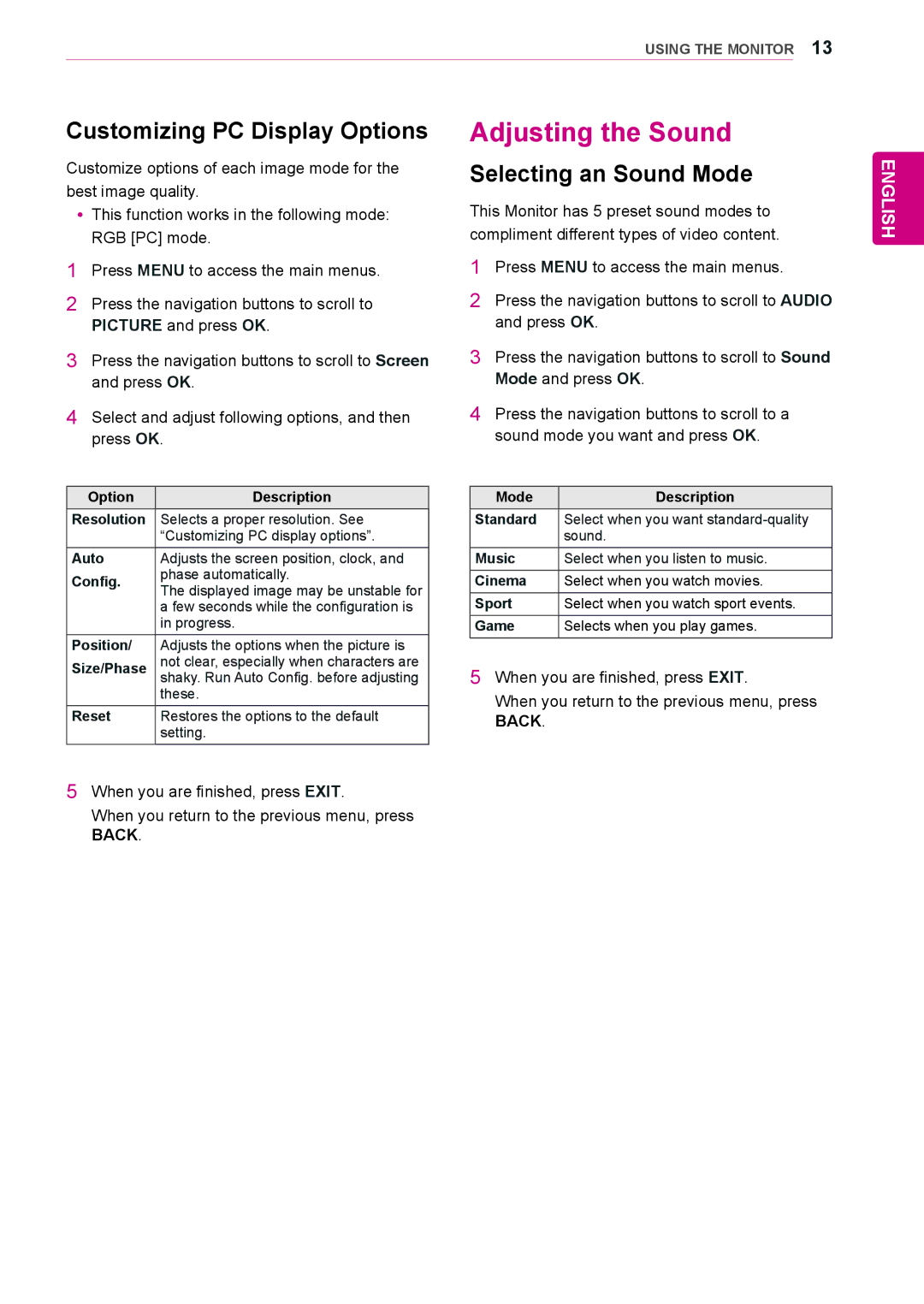 LG Electronics 72WX70MF owner manual Adjusting the Sound, Customizing PC Display Options, Selecting an Sound Mode 