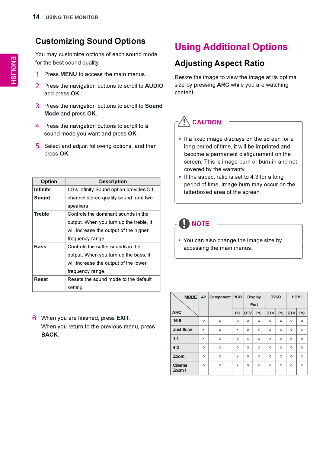 LG Electronics 72WX70MF owner manual Using Additional Options, Customizing Sound Options, Adjusting Aspect Ratio 