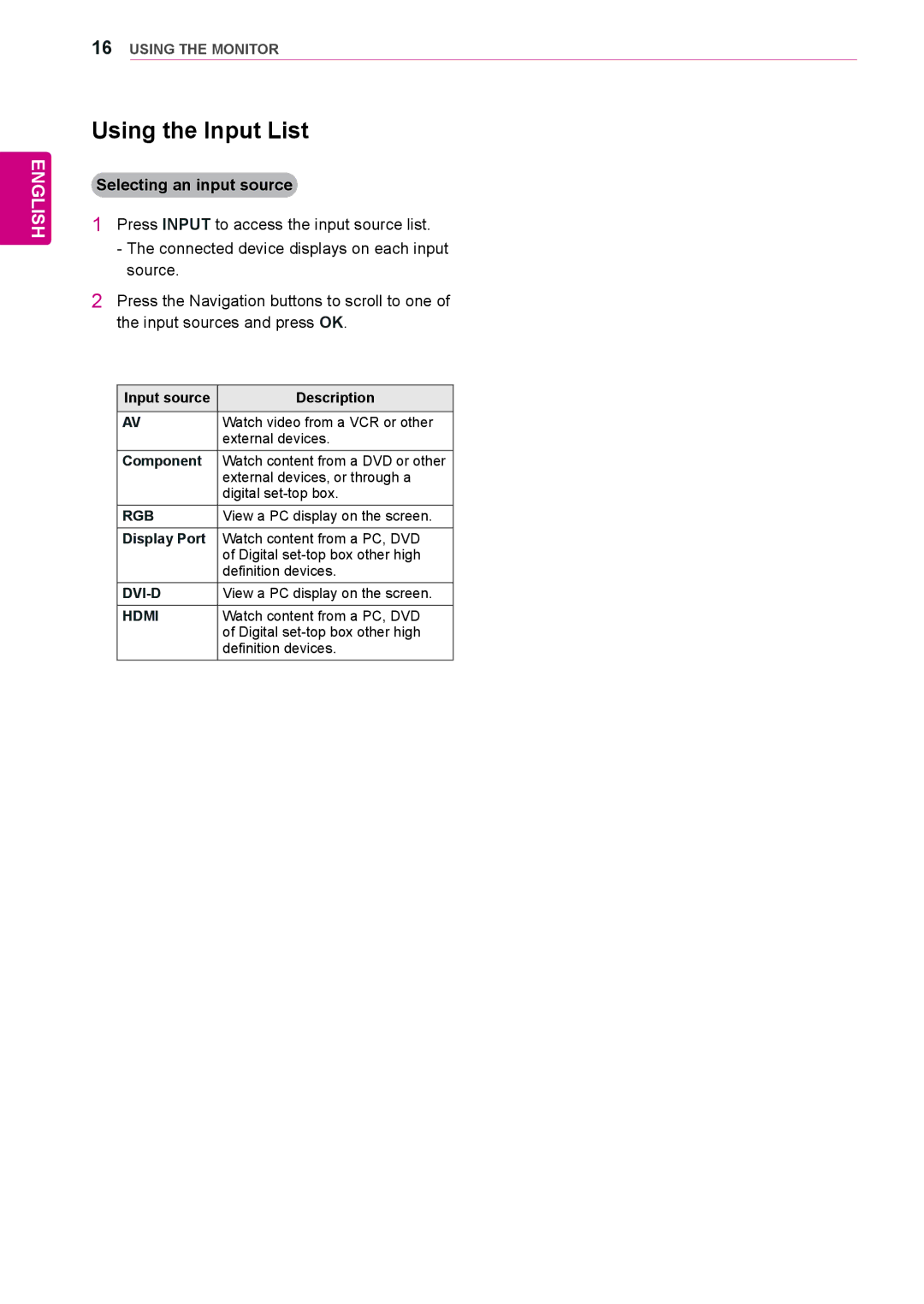 LG Electronics 72WX70MF owner manual Using the Input List, Selecting an input source, Component, Display Port 