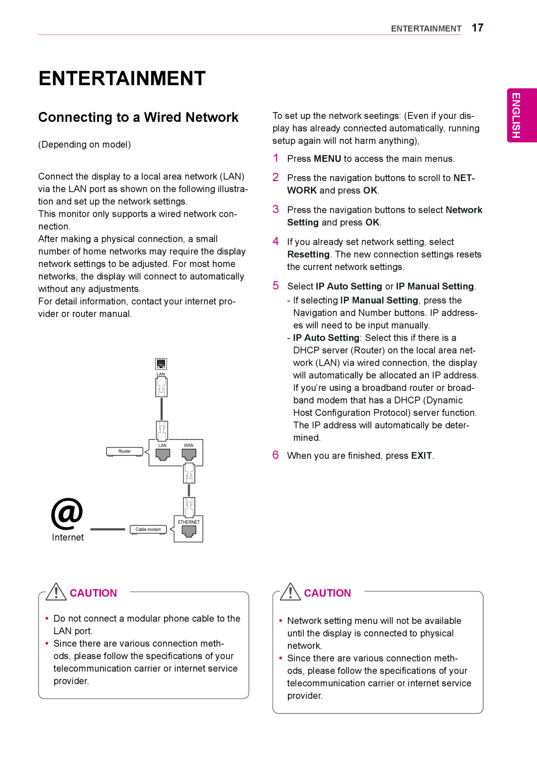 LG Electronics 72WX70MF Entertainment, Connecting to a Wired Network, Select IP Auto Setting or IP Manual Setting 