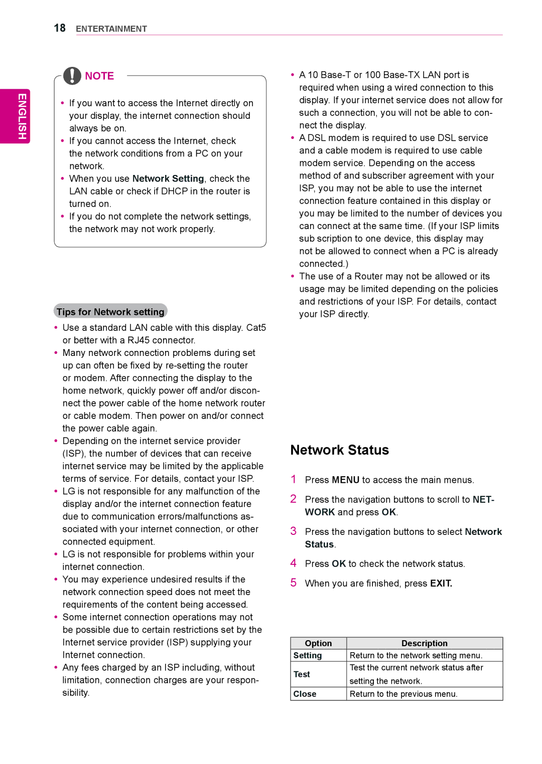 LG Electronics 72WX70MF owner manual Network Status, Tips for Network setting 