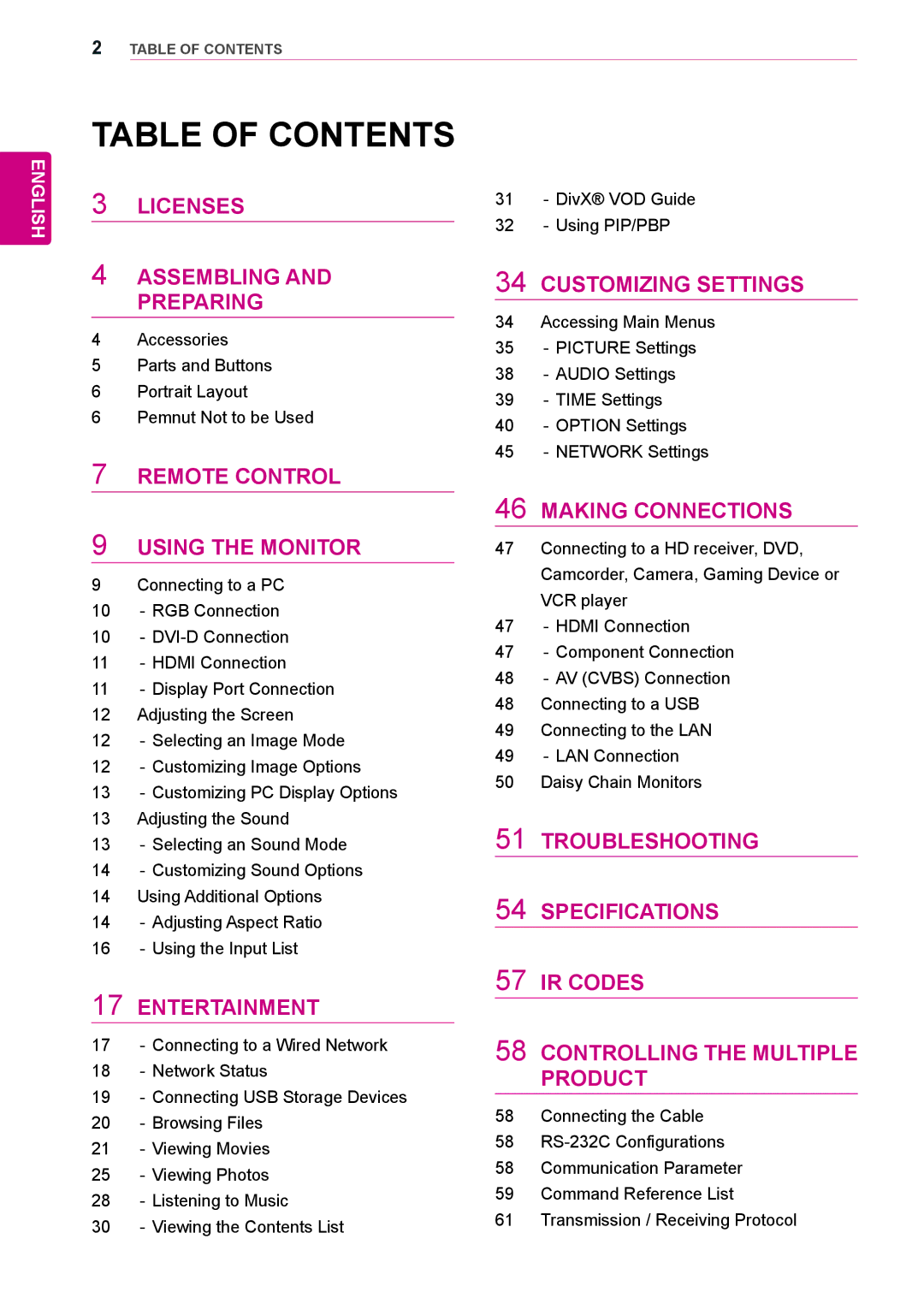 LG Electronics 72WX70MF owner manual Table of Contents 