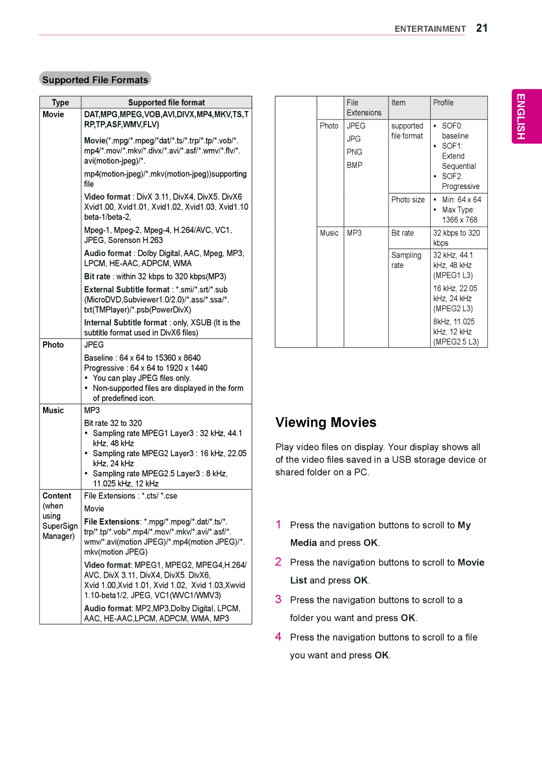 LG Electronics 72WX70MF owner manual Viewing Movies, Supported File Formats 