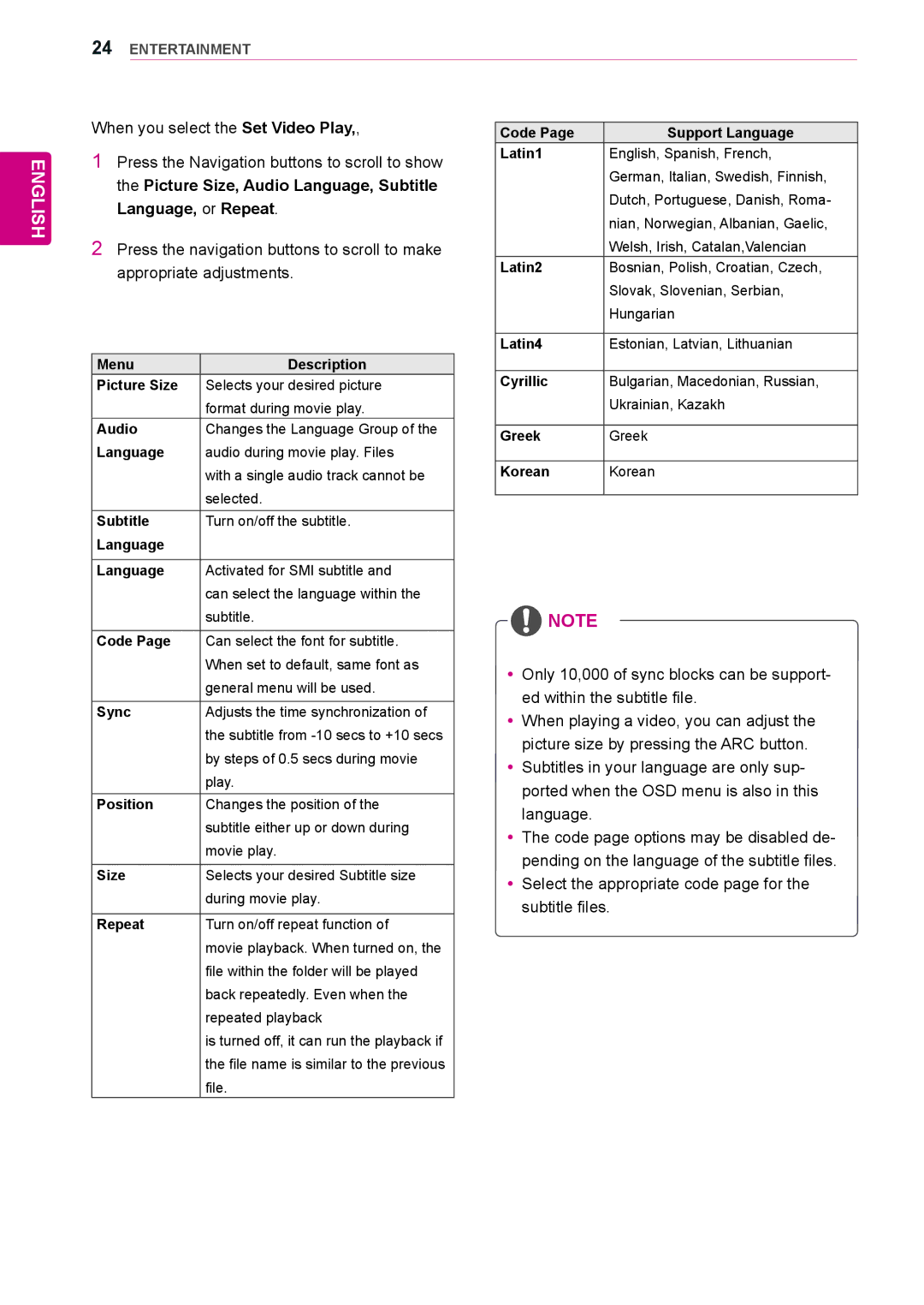 LG Electronics 72WX70MF Menu Description Picture Size, Audio, Language, Subtitle, Code, Sync, Repeat, Latin2, Latin4 