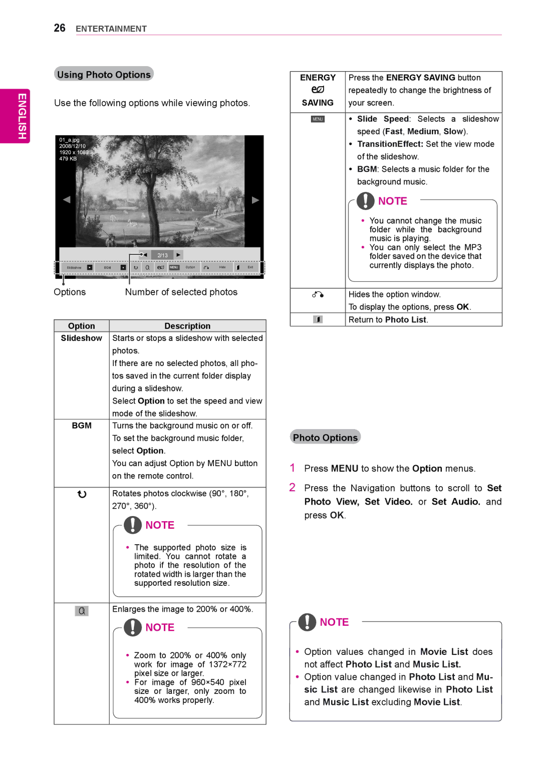 LG Electronics 72WX70MF owner manual Using Photo Options, Option Description 