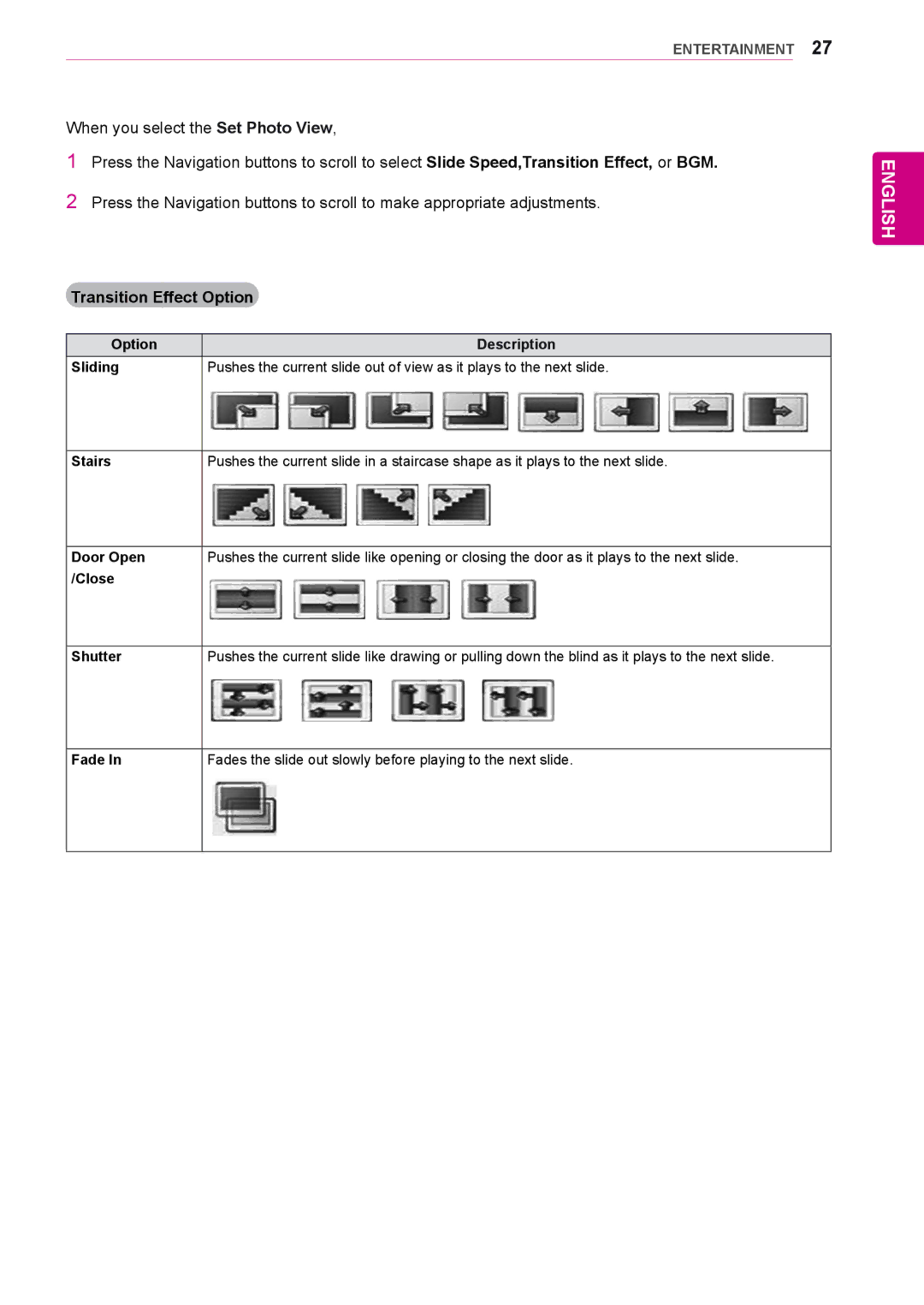 LG Electronics 72WX70MF owner manual Transition Effect Option 