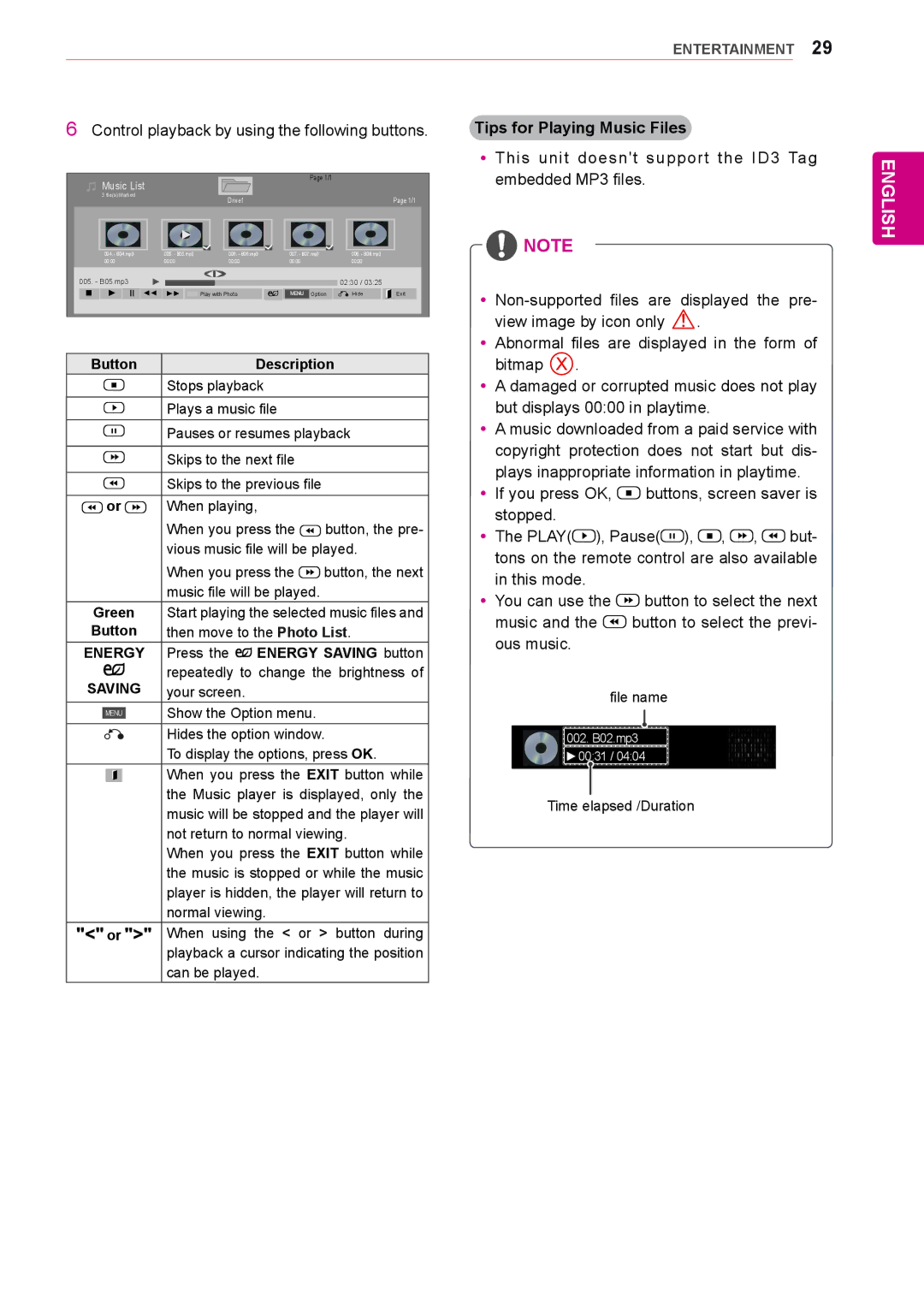 LG Electronics 72WX70MF Control playback by using the following buttons, Button Description, Energy Saving button 