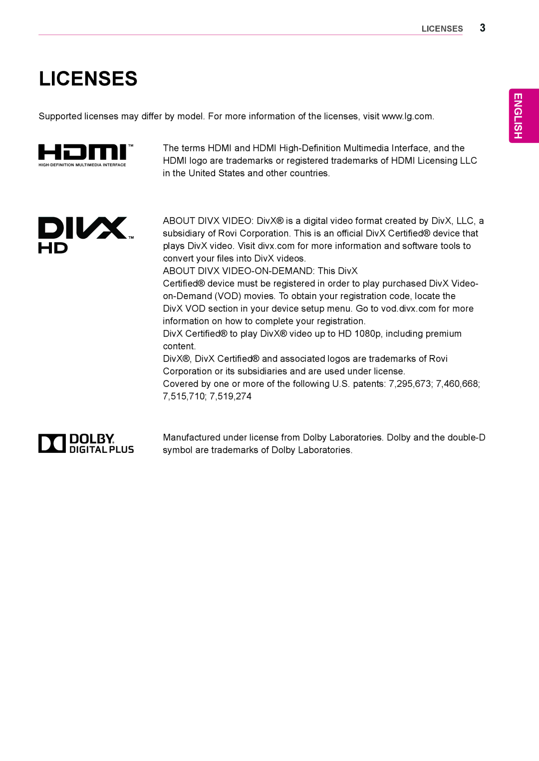 LG Electronics 72WX70MF owner manual Licenses 