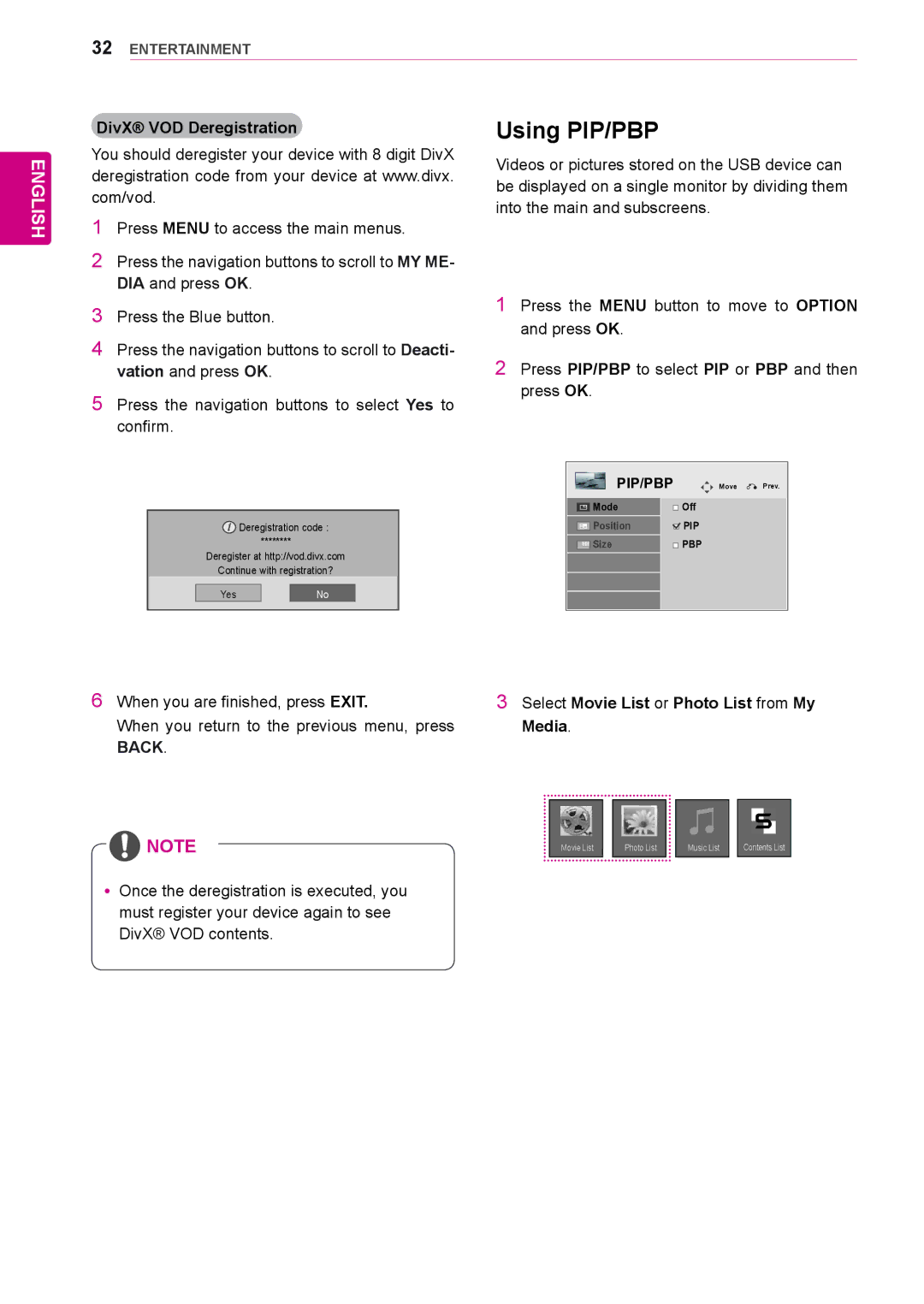 LG Electronics 72WX70MF owner manual Using PIP/PBP, Select Movie List or Photo List from My, Media, DivX VOD Deregistration 