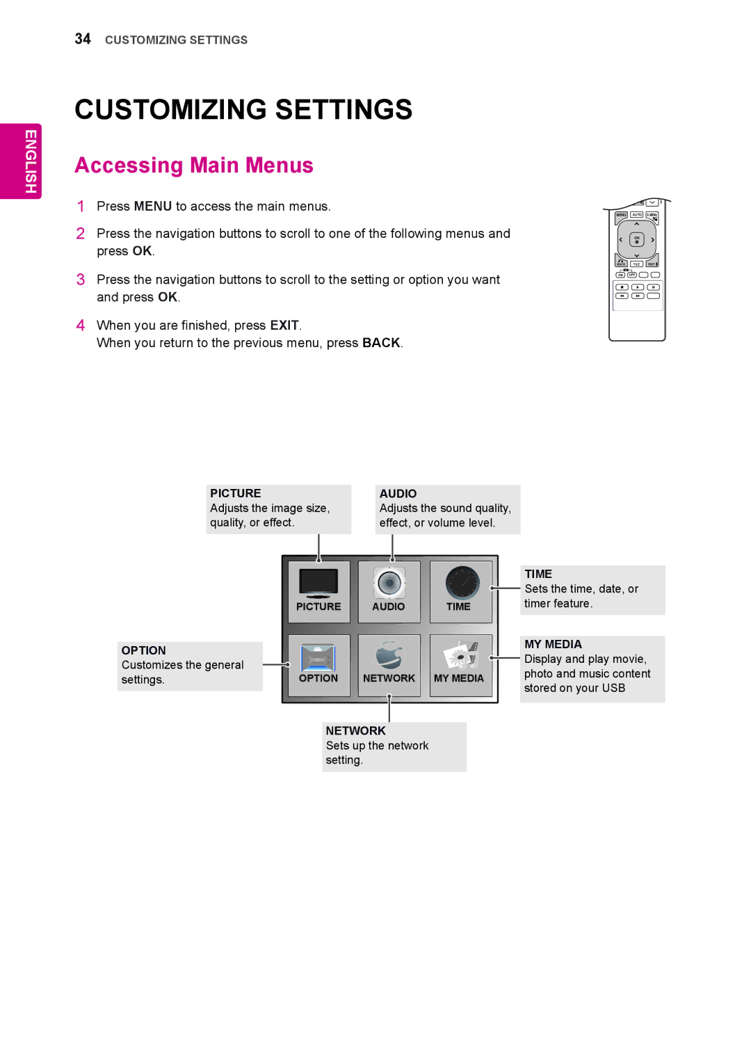 LG Electronics 72WX70MF owner manual Customizing Settings, Accessing Main Menus, Customizes the general 