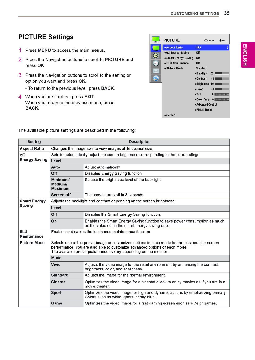 LG Electronics 72WX70MF Picture Settings, Enables or disables the luminance maintenance function, Maintenance Picture Mode 