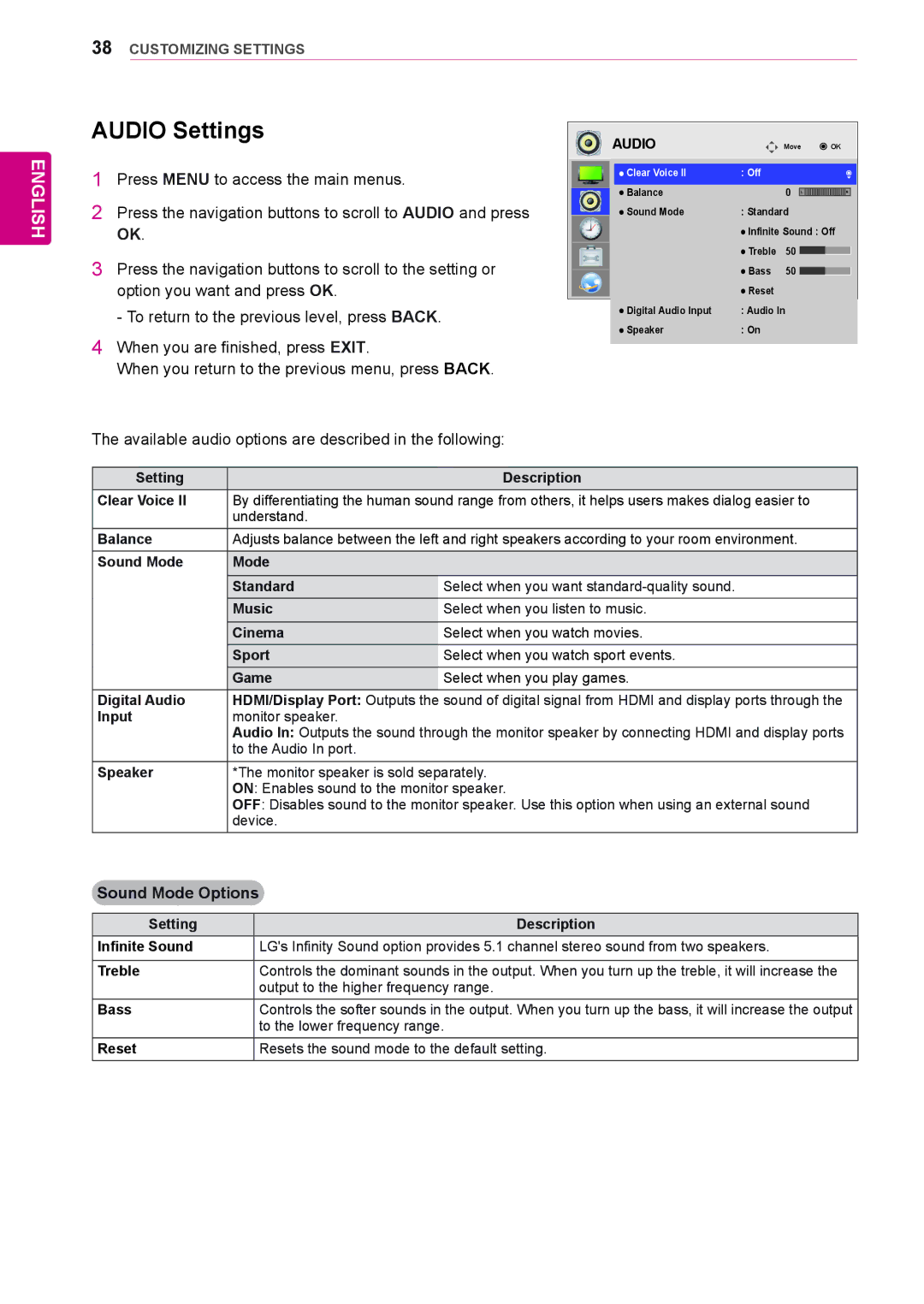 LG Electronics 72WX70MF Press Menu to access the main menus, Press the navigation buttons to scroll to Audio and press 