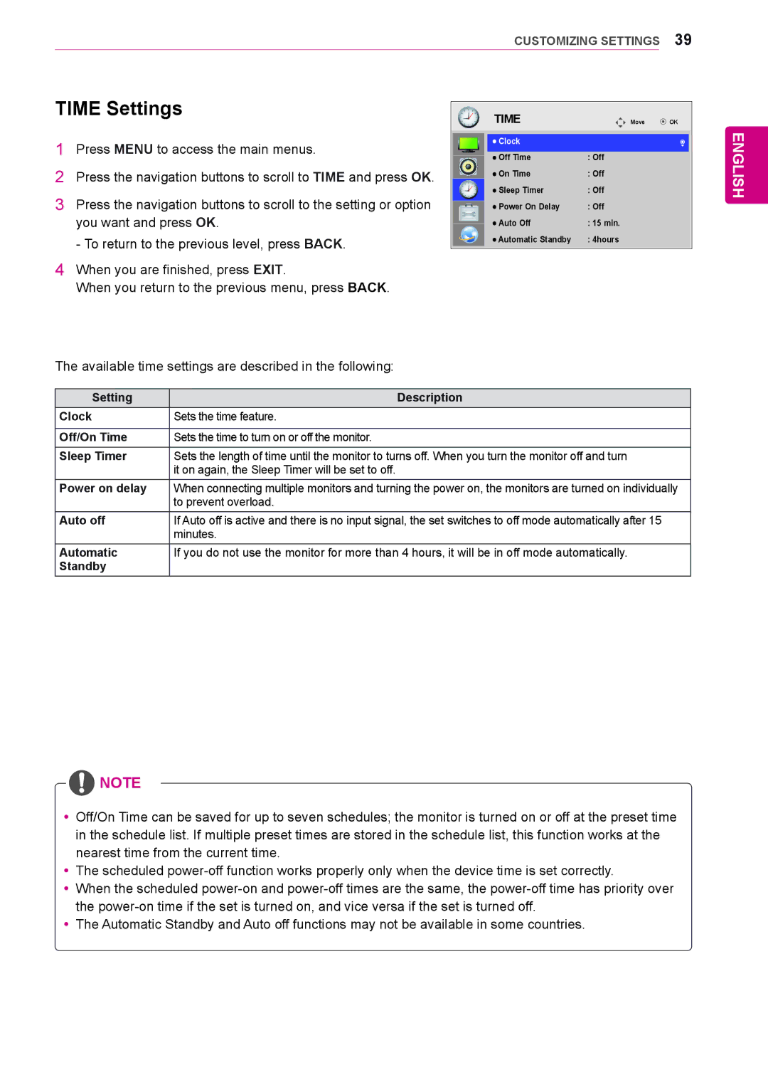 LG Electronics 72WX70MF owner manual Time Settings, To prevent overload, Auto off, Minutes 