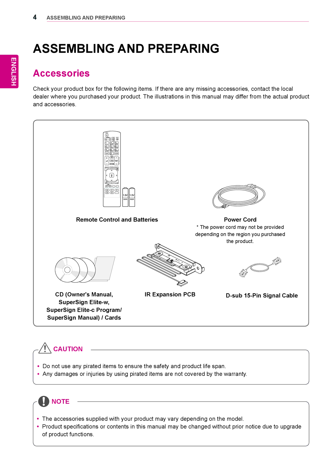 LG Electronics 72WX70MF owner manual Assembling and Preparing, Accessories, Remote Control and Batteries Power Cord 