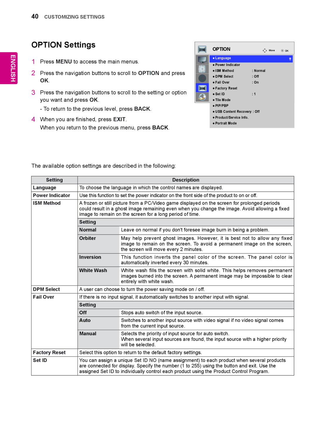 LG Electronics 72WX70MF owner manual Option Settings 