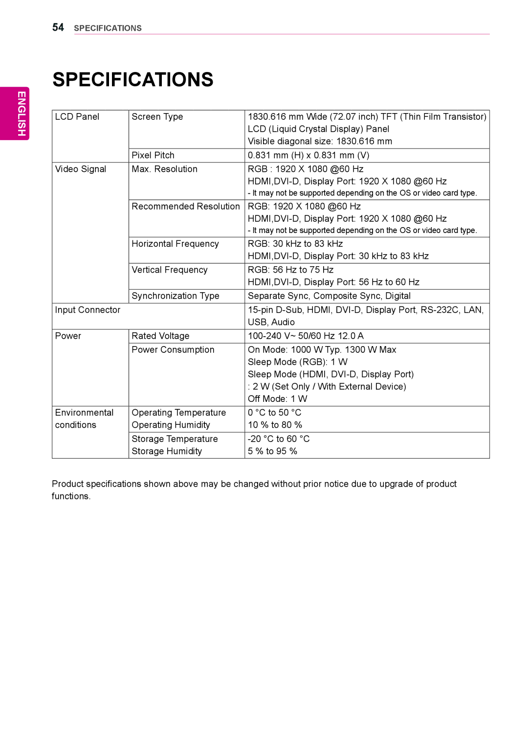 LG Electronics 72WX70MF owner manual Specifications 