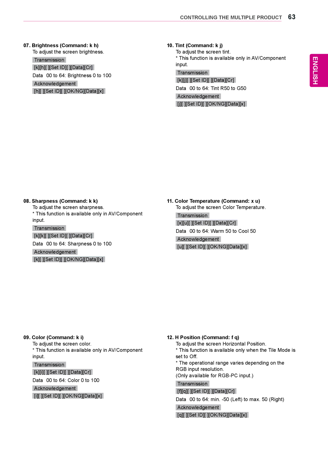 LG Electronics 72WX70MF owner manual Brightness Command k h Tint Command k j, Sharpness Command k k 