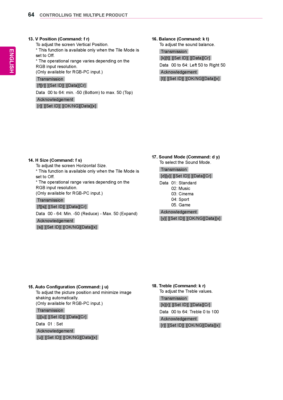 LG Electronics 72WX70MF Position Command f r, Size Command f s, Auto Configuration Command j u, Treble Command k r 