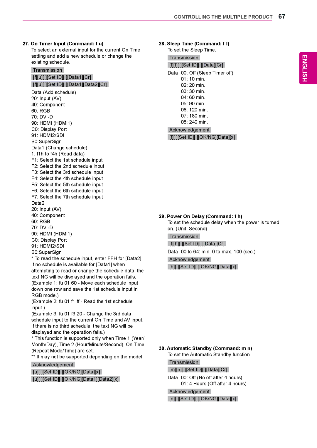 LG Electronics 72WX70MF owner manual On Timer Input Command f u Sleep Time Command f f, Power On Delay Command f h 